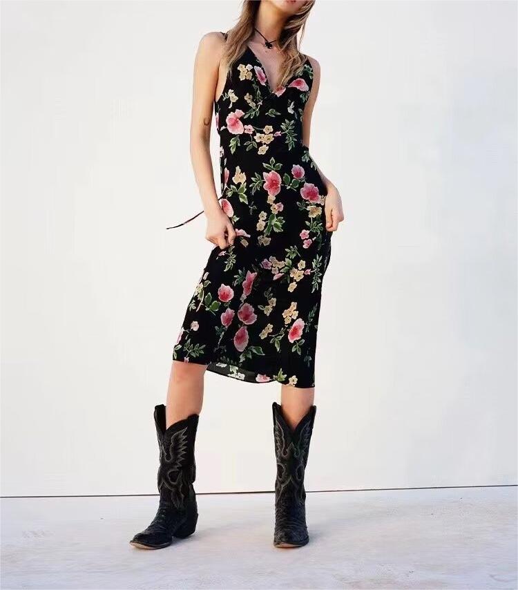 Women's Retro Deep V Plunge Neck Printed Sleeveless Vest Dress Ladies Bra Front Lace Up Slim Fit Midi Dress Summer