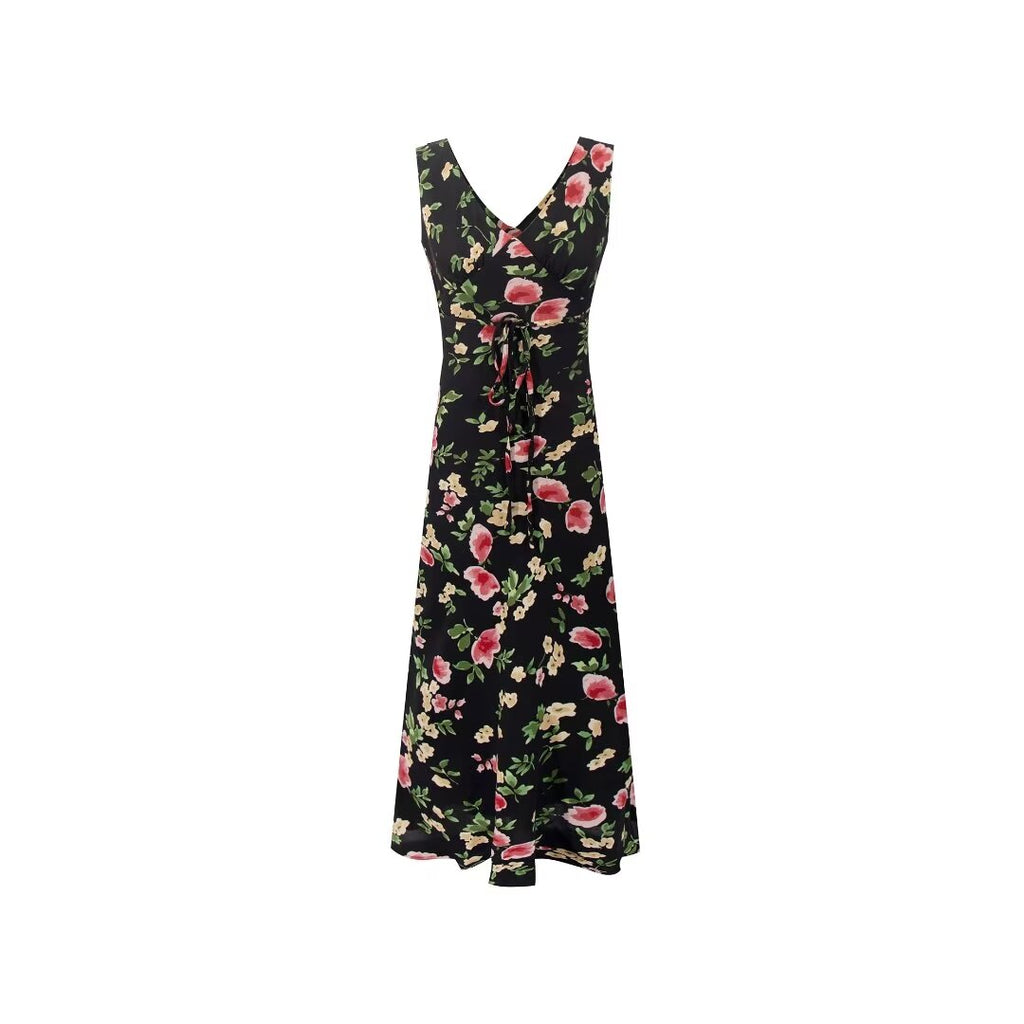 Women's Retro Deep V Plunge Neck Printed Sleeveless Vest Dress Ladies Bra Front Lace Up Slim Fit Midi Dress Summer