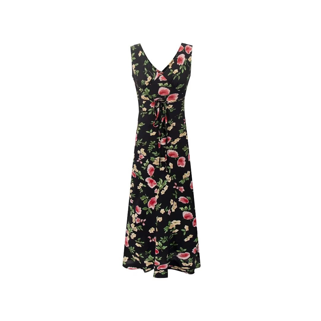 Women's Retro Deep V Plunge Neck Printed Sleeveless Vest Dress Ladies Bra Front Lace Up Slim Fit Midi Dress Summer