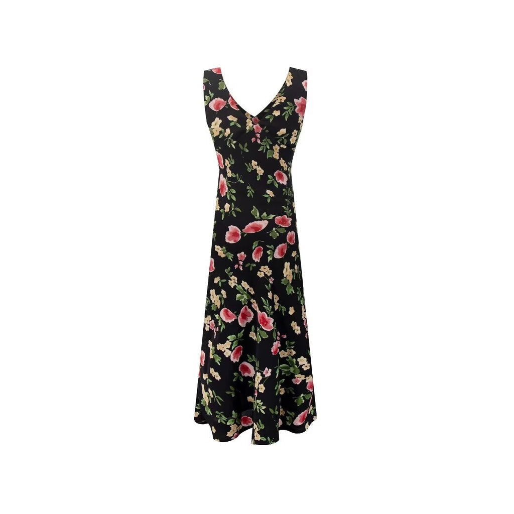 Women's Retro Deep V Plunge Neck Printed Sleeveless Vest Dress Ladies Bra Front Lace Up Slim Fit Midi Dress Summer