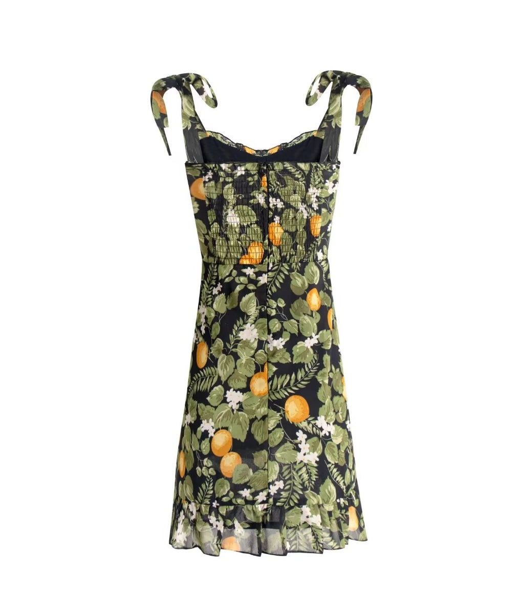 Women's French Lemon-Print V-Neck Vacation Mini Dress