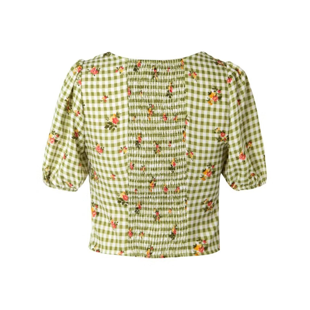 Women's Green Plaid Smocked Cropped Top