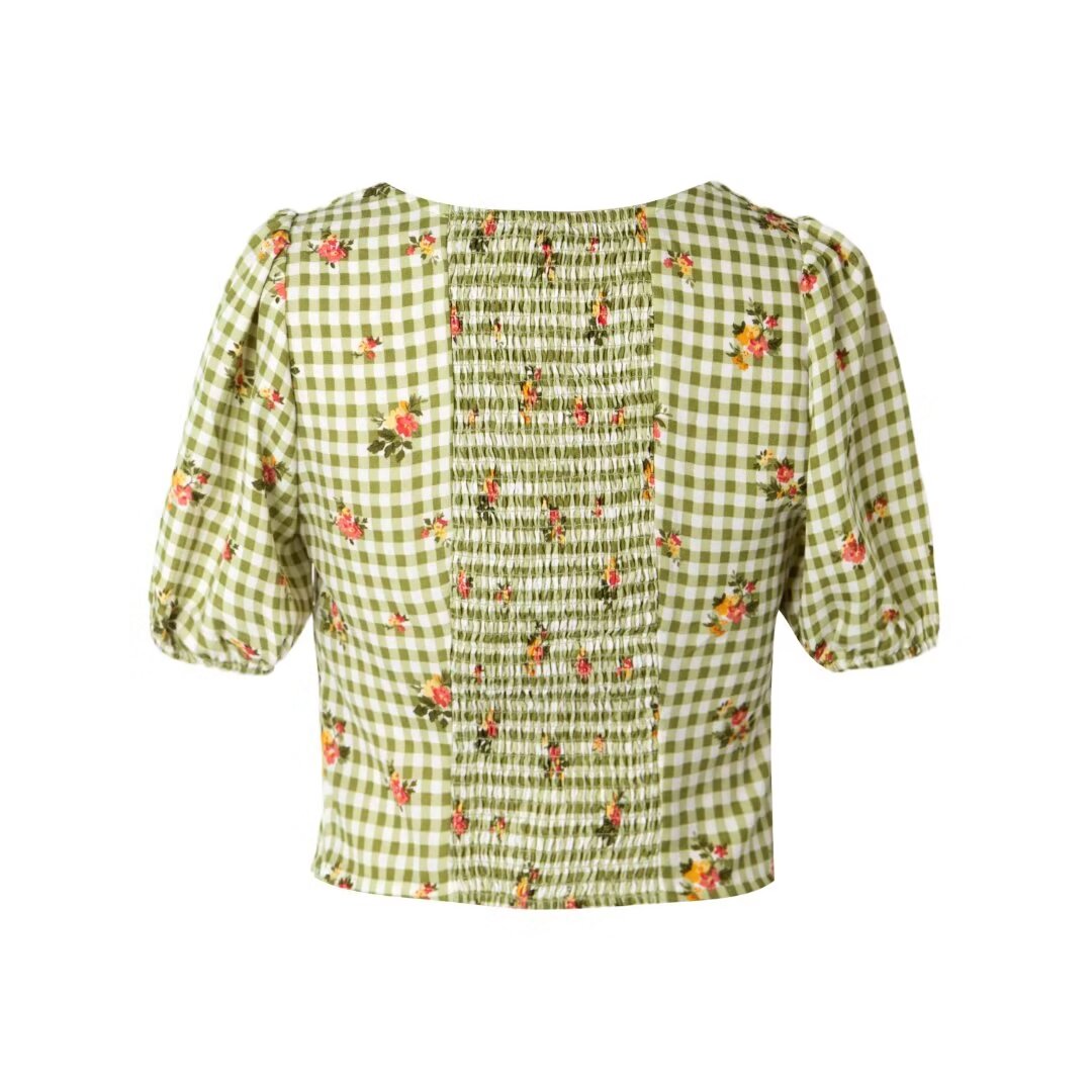 Women's Green Plaid Smocked Cropped Top