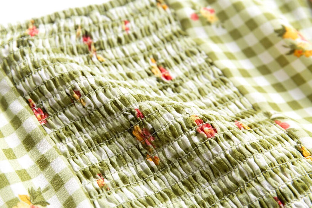 Women's Green Plaid Smocked Cropped Top