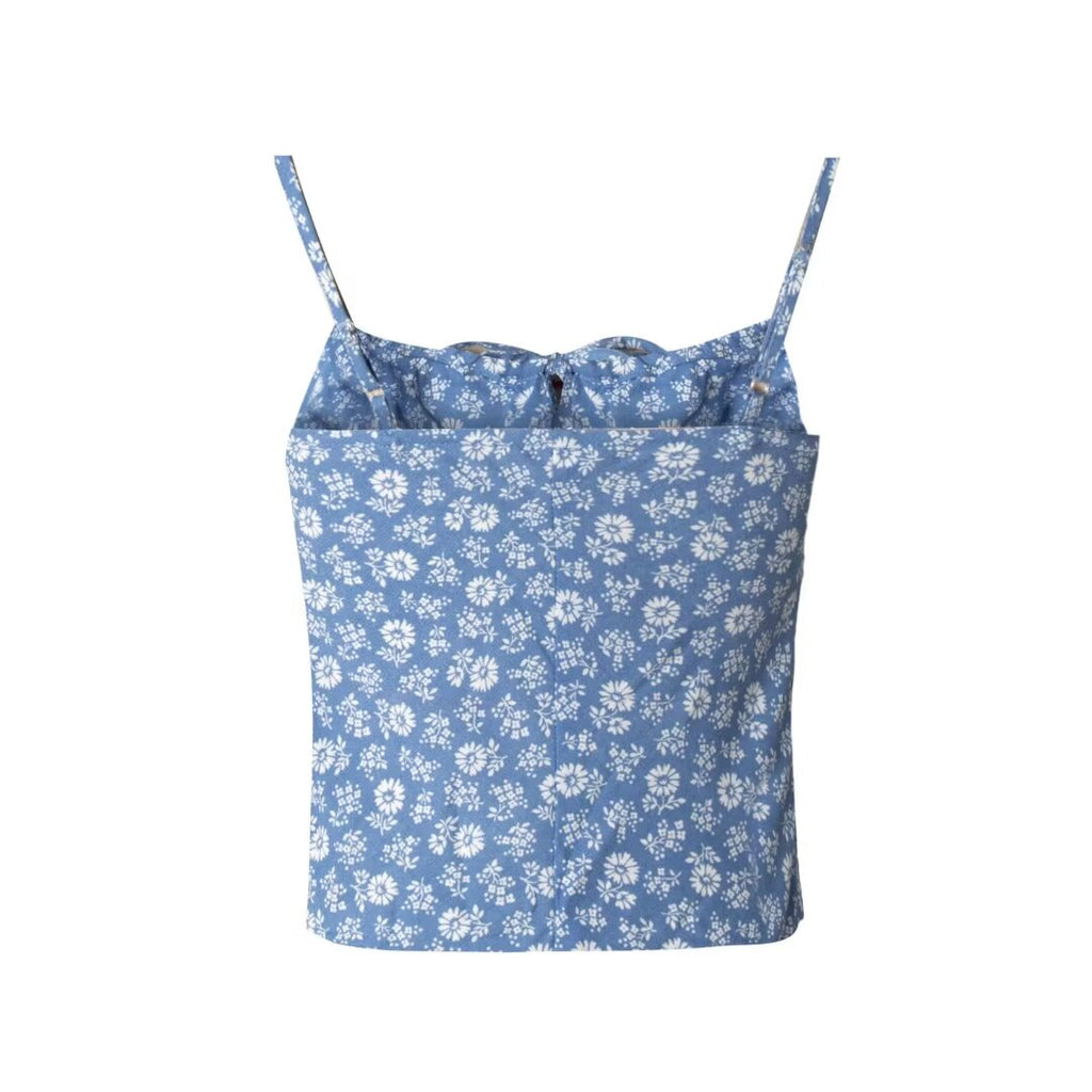 Women’s Blue Floral Backless Pleated Crop Camisole