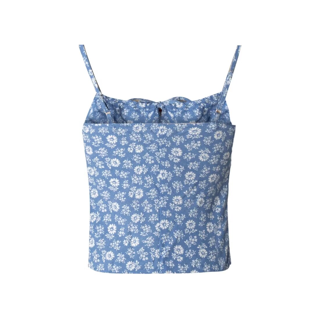 Women’s Blue Floral Backless Pleated Crop Camisole