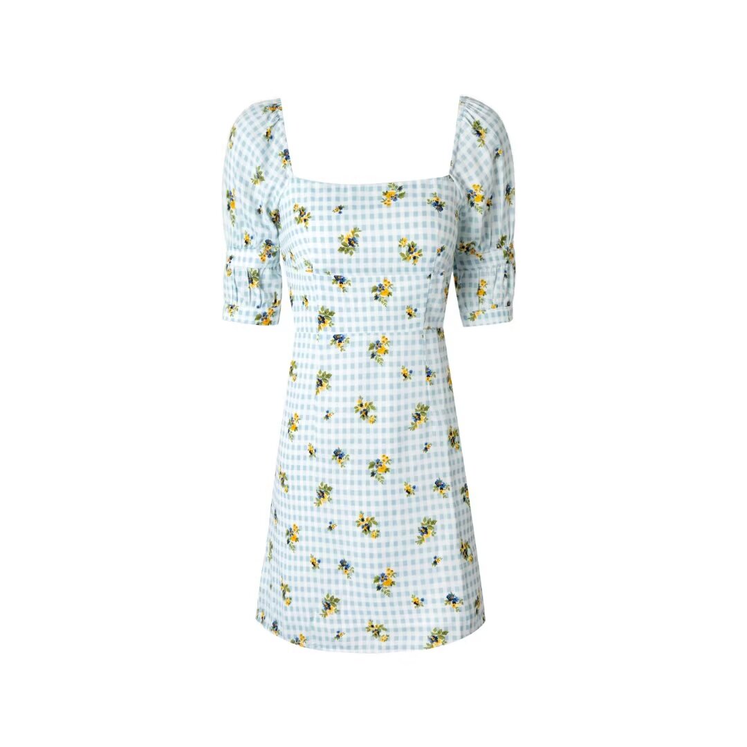 Women's French Retro Square Neck Puff Sleeve Bow Floral Dress