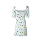Women's French Retro Square Neck Puff Sleeve Bow Floral Dress