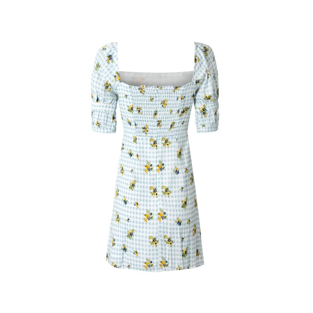 Women's French Retro Square Neck Puff Sleeve Bow Floral Dress