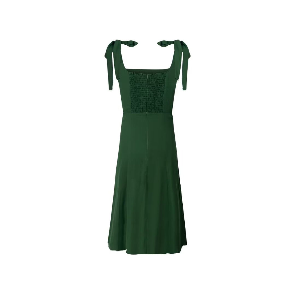 Women's Green Lace-Up Cami Slit A-Line Midi Dress