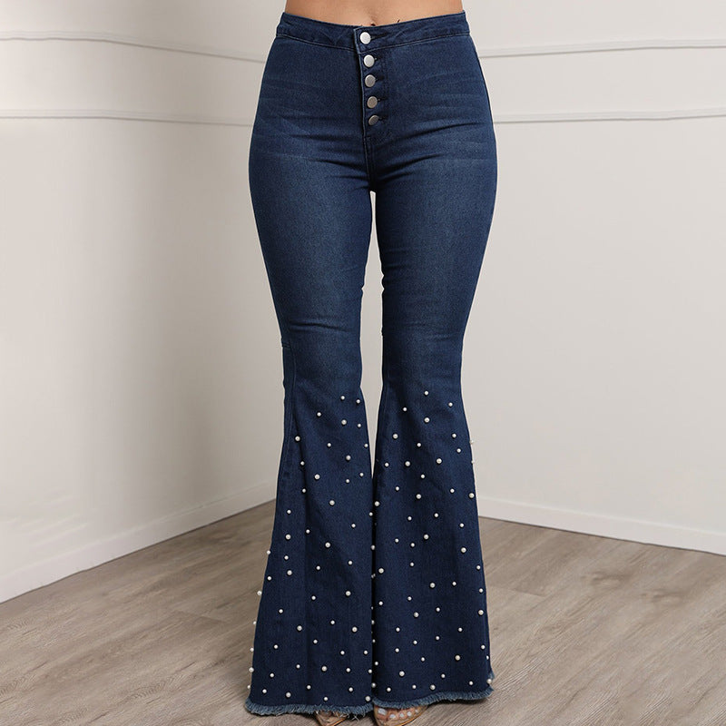 Women's Stretch Jeans Beaded Bell-Bottom Pants Women