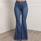 Women's Stretch Jeans Beaded Bell-Bottom Pants Women