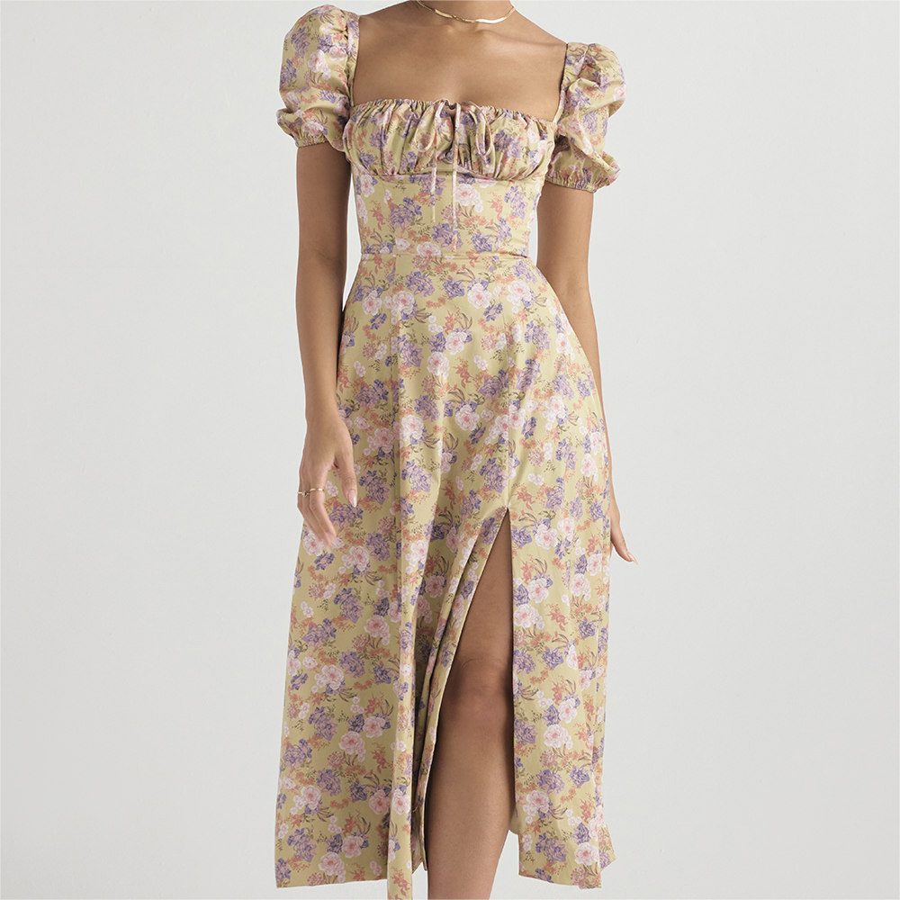 Women's Square-neck Lace-up Puff-sleeve Dress