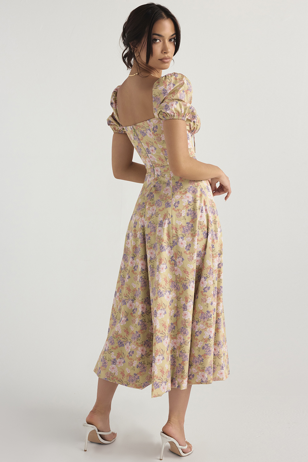 Women's Square-neck Lace-up Puff-sleeve Dress