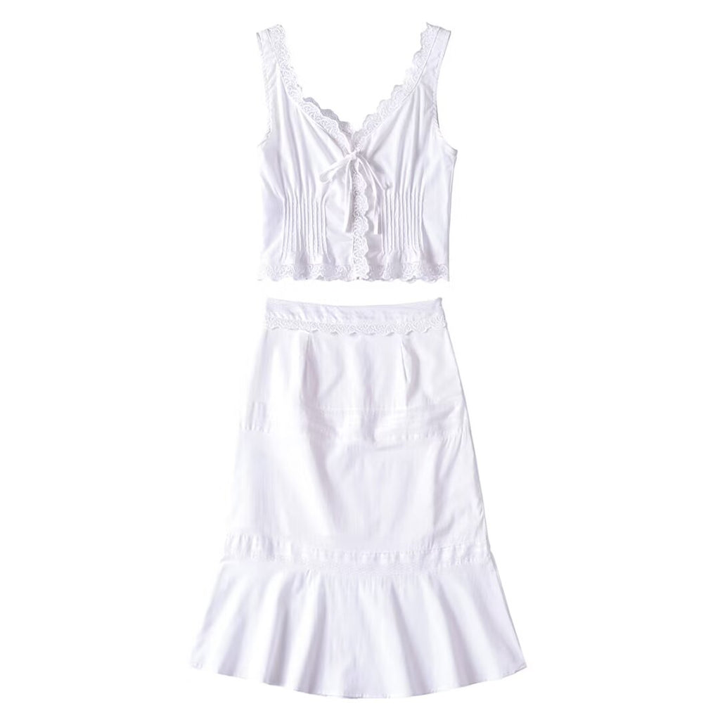 Women's Pure Lace Flounce Trim Top and Skirt Two-Piece Set
