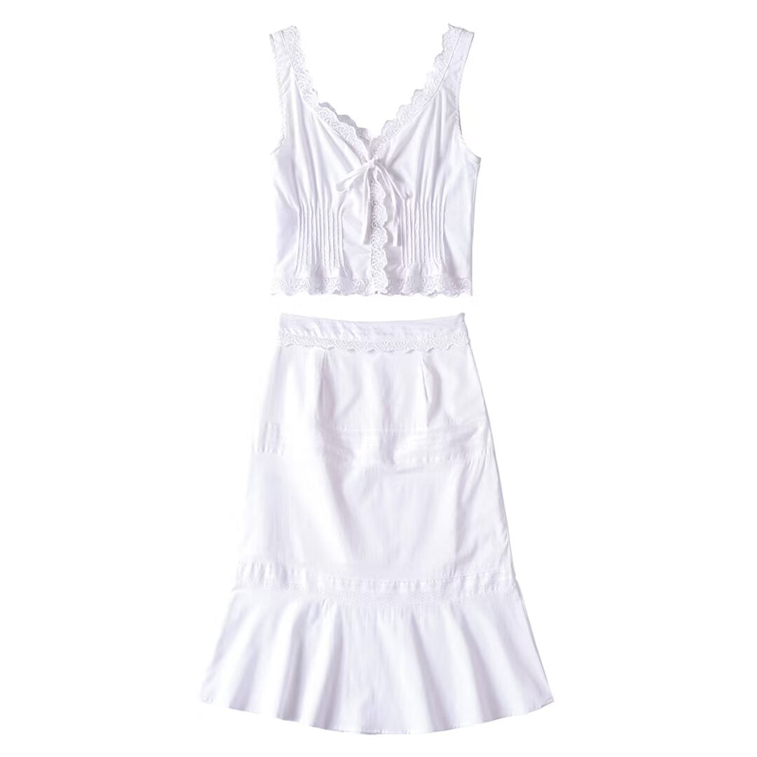 Women's Pure Lace Flounce Trim Top and Skirt Two-Piece Set