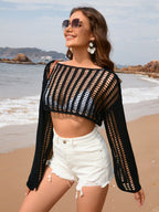 Spring Summer Summer Women Bell Sleeve Loose round Neck Hollow Out Cutout out Women Knitwear
