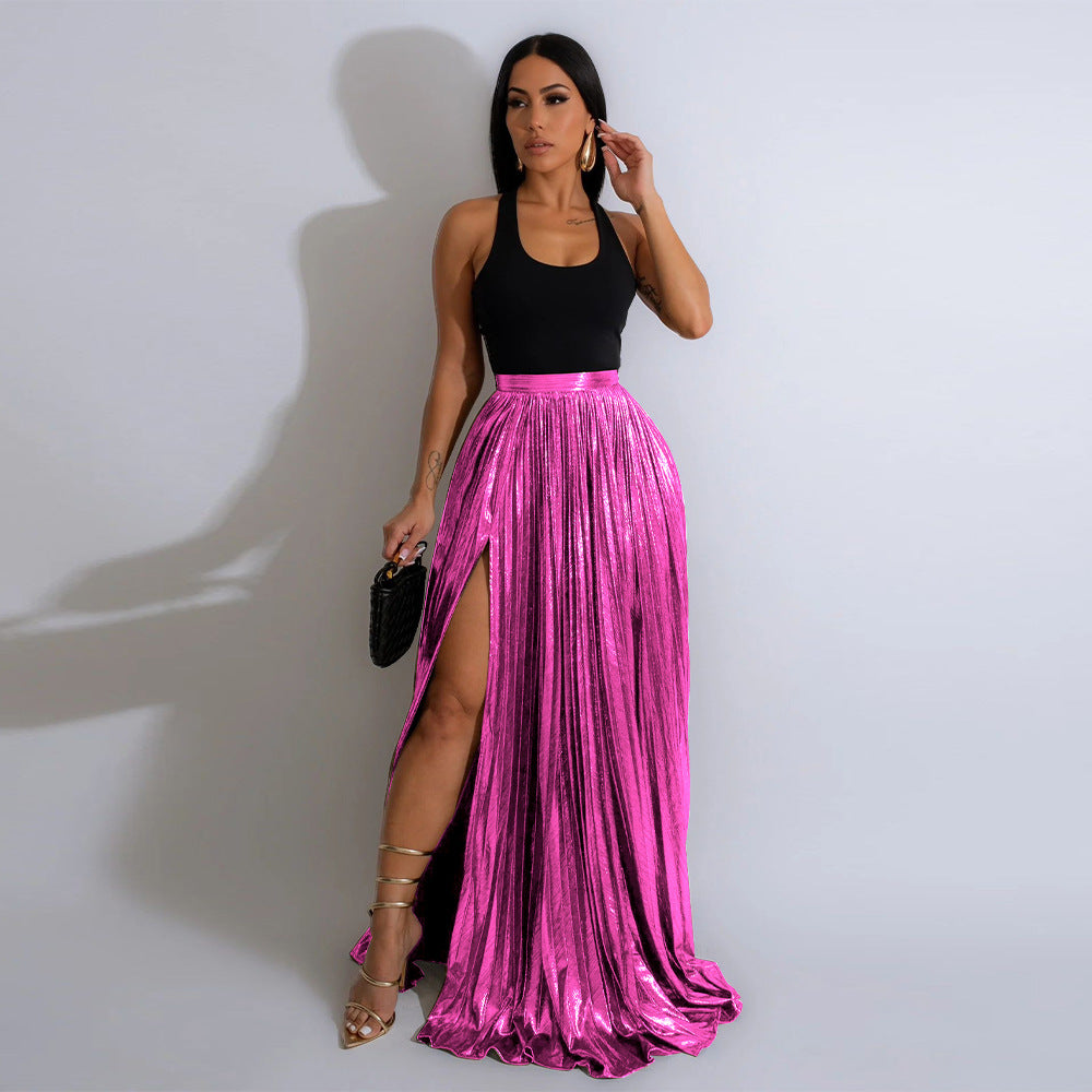 Graceful Fashionable Solid Color High Waist Pleated Split Skirt