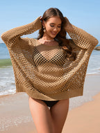 Summer Arrival Knitwear Long Sleeve Solid Color Loose round Neck Hollow Out Cutout out Women Knitwear