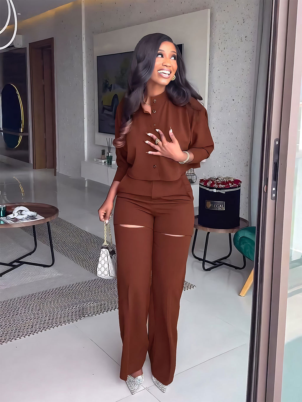 Long-Sleeve Cardigan Short Top Suit Holes High-Waisted Trousers Two-Piece Set