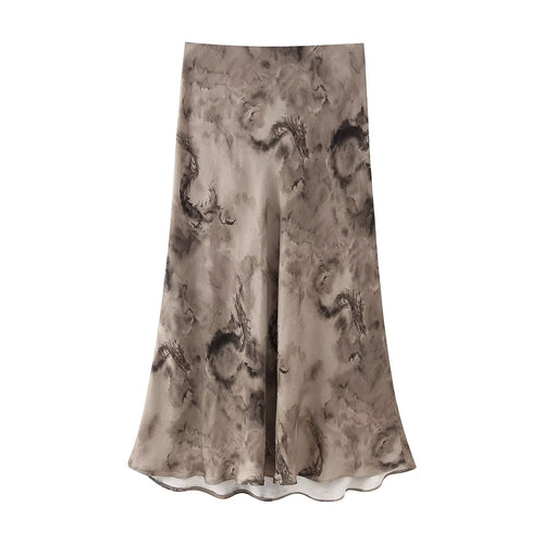 Women Clothing French Printed Silk Satin Texture Midi Skirt Skirt