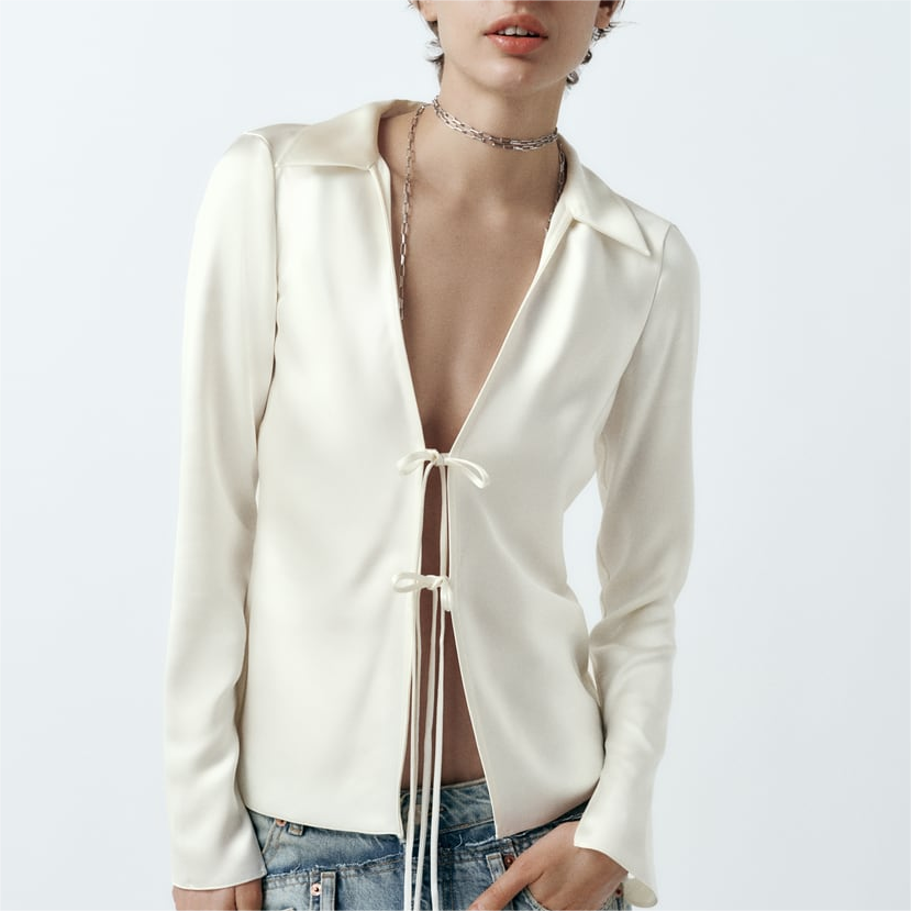 Women's Spring Women Loose Bow Silk Satin Textured Shirt
