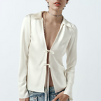 Women's Spring Women Loose Bow Silk Satin Textured Shirt