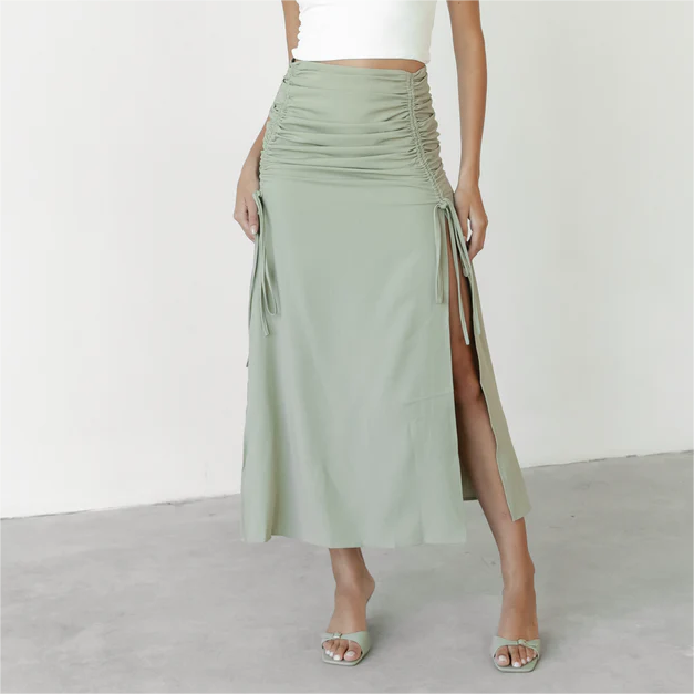 Spring Drawstring Ruffle Slit High Waist Tight Hip Skirt