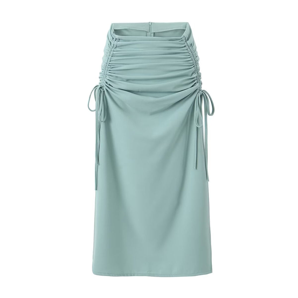 Spring Drawstring Ruffle Slit High Waist Tight Hip Skirt