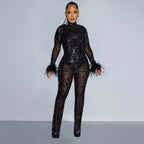 Solid Color Mesh Feather Long-Sleeve Trousers Two-Piece Set
