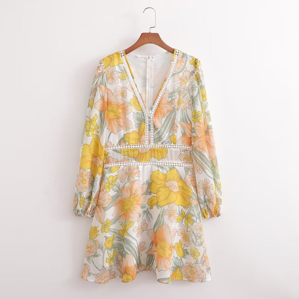 Women's Floral V-Neck Long-Sleeve Dress