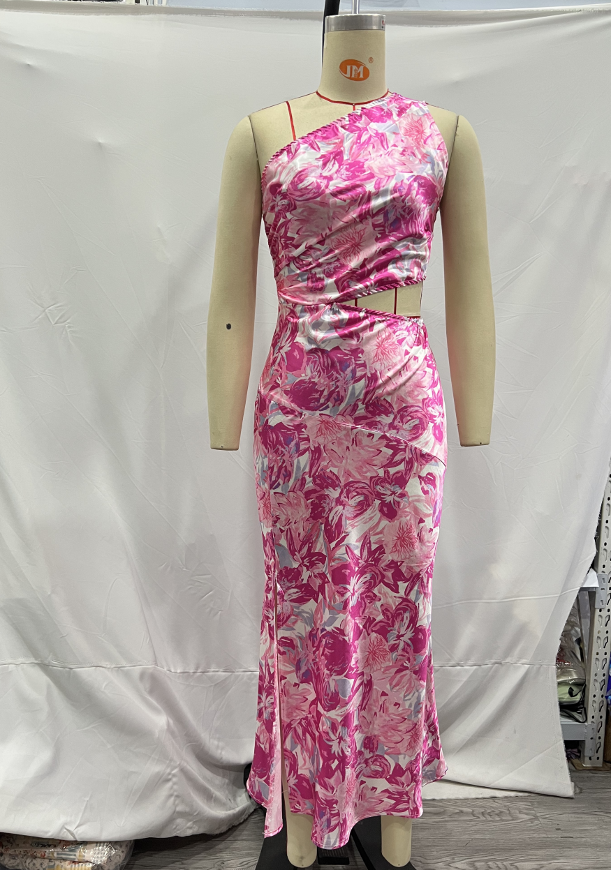 Women's Pink One-Shoulder Printed Sleeveless Dress