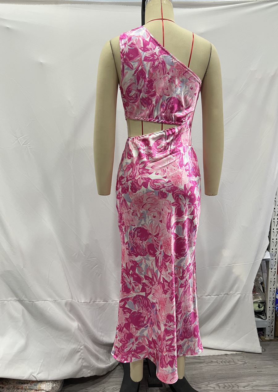 Women's Pink One-Shoulder Printed Sleeveless Dress
