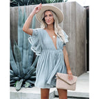 Backless cotton dress in pale blue, V-neck with gathered waist, short flutter sleeves