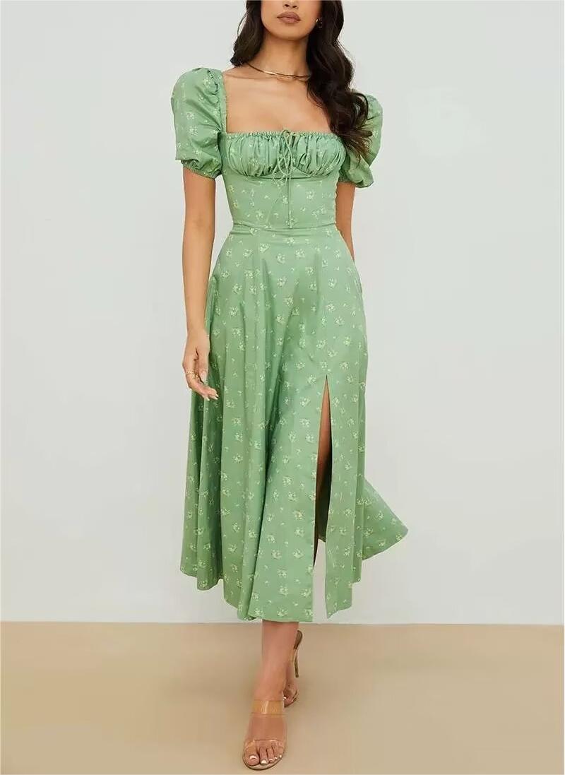 Women's French Retro Floral Puff-Sleeve Maxi Dress