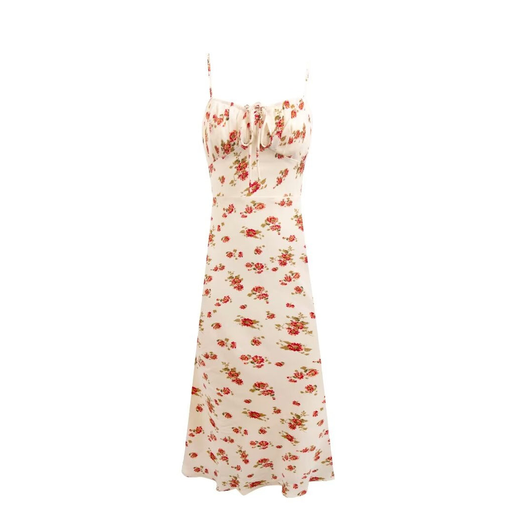 Early Pastoral Beige Bottom Ditsy Floral Holiday Casual Strap Dress