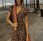 Gold Printed V-Neck Short-Sleeve Single-Breasted Dress
