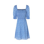 Women's French Retro Blue Floral Print Square Neck Puff Dress