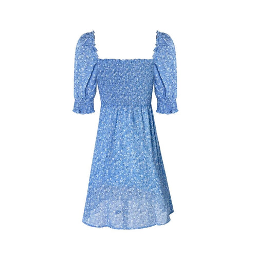 French Retro Blue Floral Print Square Collar Puff Sleeve Dress Summer Slim Slimming A line Holiday Dress
