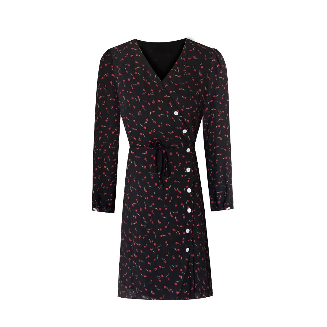 Women's Printed V-Neck Long Sleeve A-Line Midi Dress