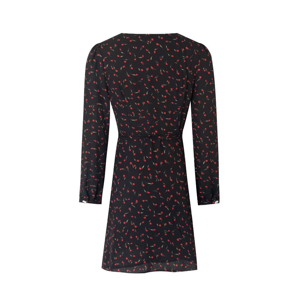 Women's Printed V-Neck Long Sleeve A-Line Midi Dress