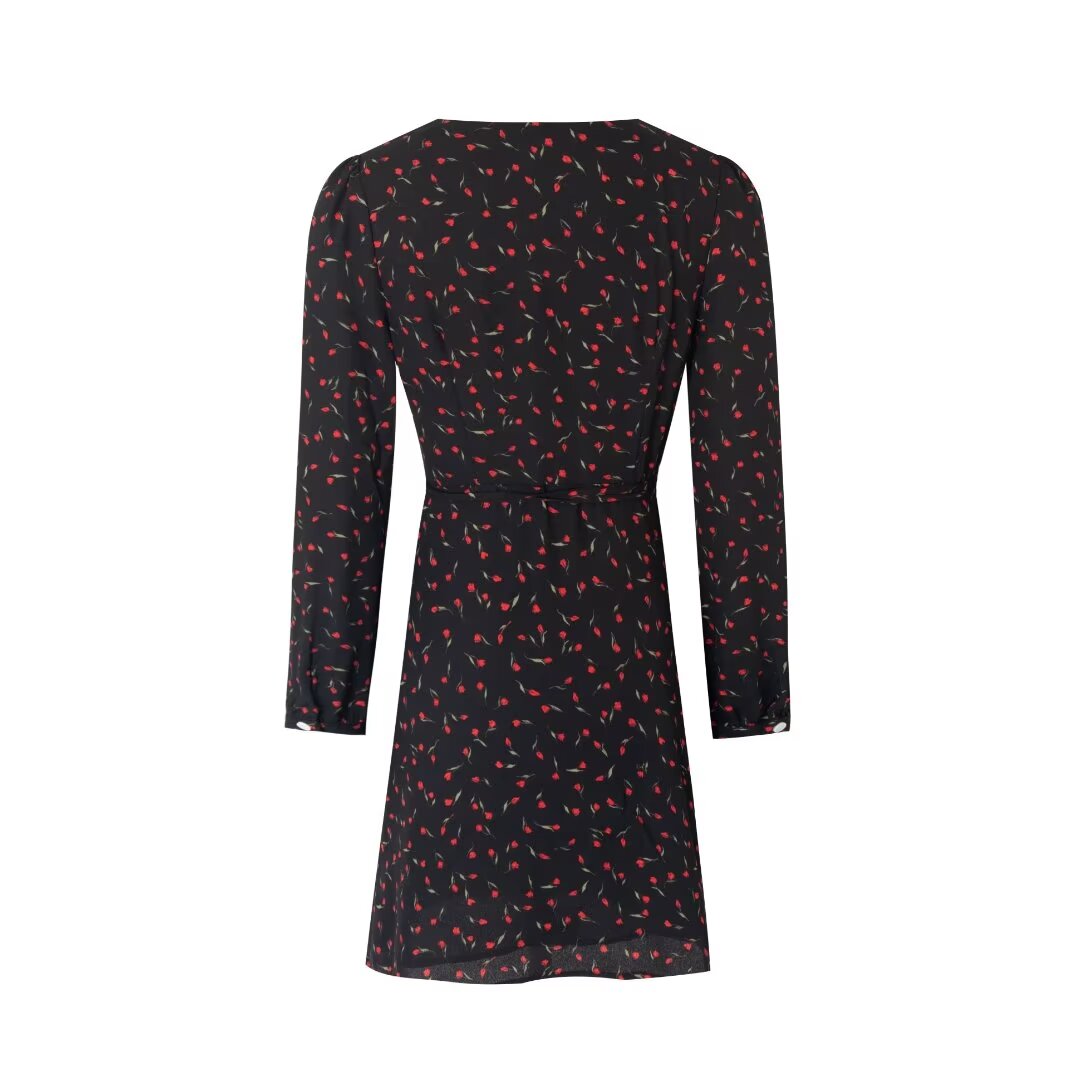 Women's Printed V-Neck Long Sleeve A-Line Midi Dress