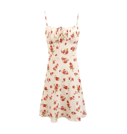 Early Spring French Vintage Girlish Fresh Slim Fit Floral Pattern over Beige Background Strap Dress