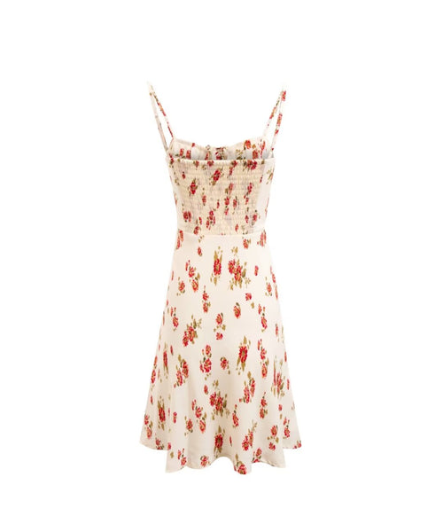 Early Spring French Vintage Girlish Fresh Slim Fit Floral Pattern over Beige Background Strap Dress