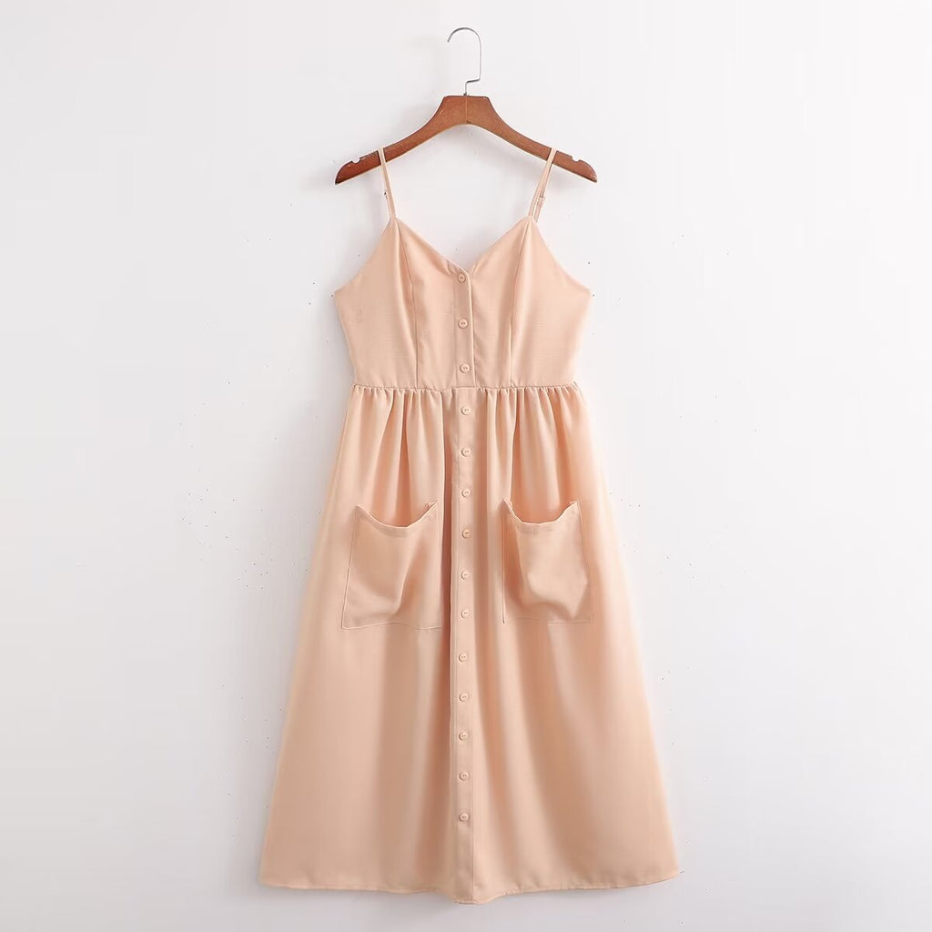 Winter Women Clothing Casual Retro Artistic Strap Pocket Sleeveless Strap Dress