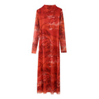 Women's Spring Women Clothing Sexy Tight Animal Print Silk Net Long Sleeve Dress