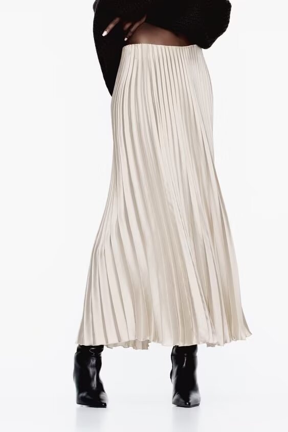 Elegant Slightly Mature Silk Satin Pleated Skirt