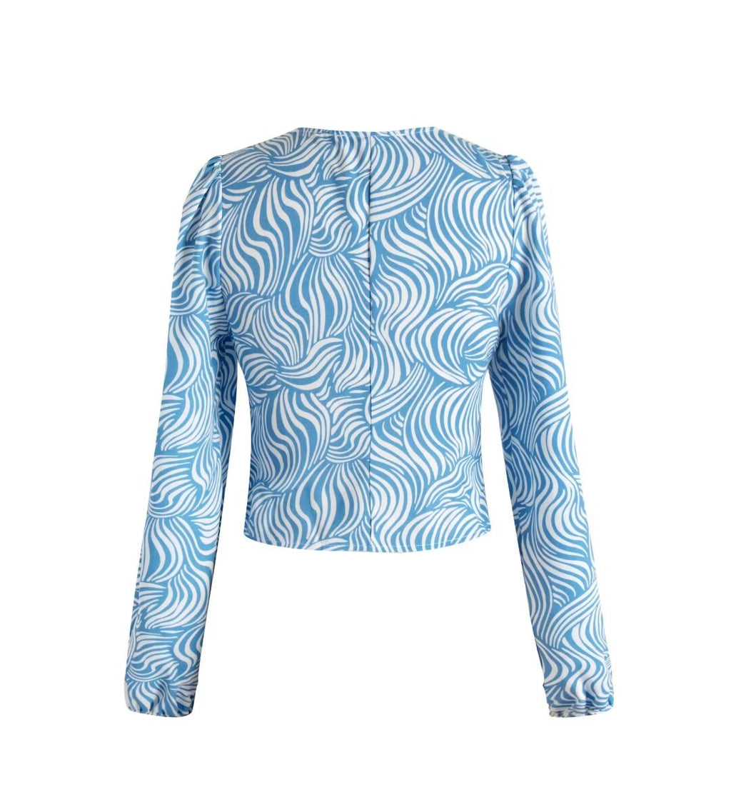 Women's Retro Printed V-Neck Long Sleeve Shirt