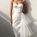 Strapless Tulle Asymmetric Slit Bodycon Midi Dress