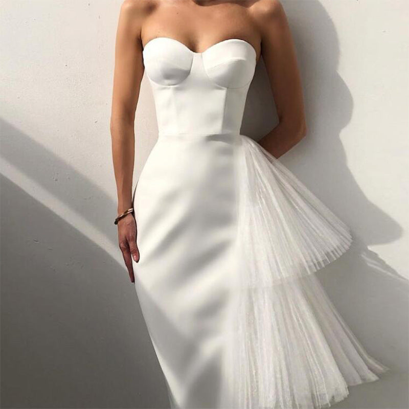 Strapless Tulle Asymmetric Slit Bodycon Midi Dress